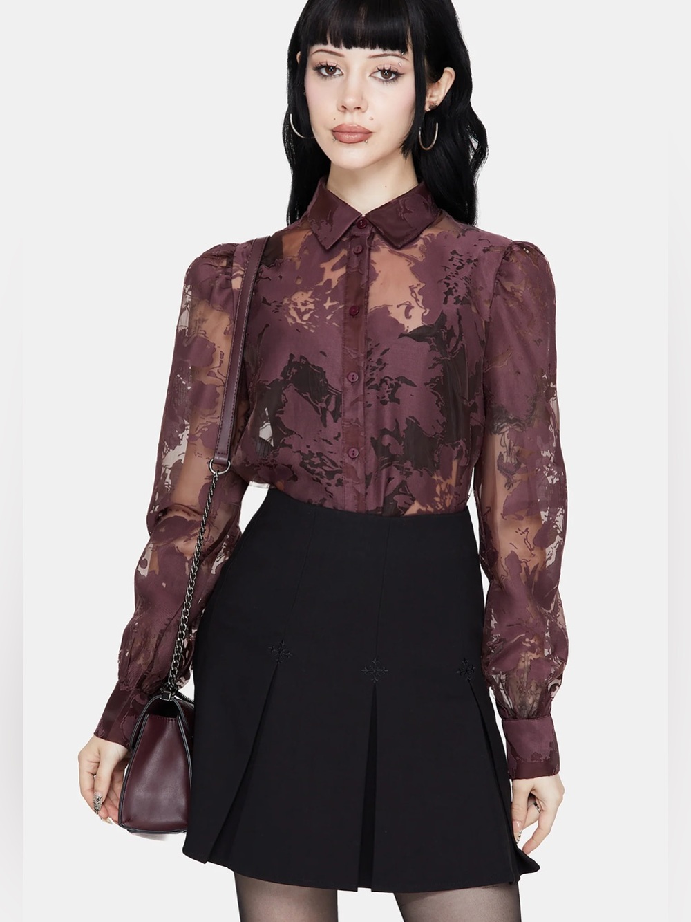 DISTURBIA Spectre Sheer Regular Fit Shirt  Burgundy Size 4 Excellent